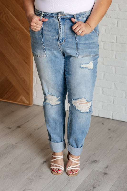 Aiden High Rise Patch Pocket Distressed Boyfriend Jeans - Loving God