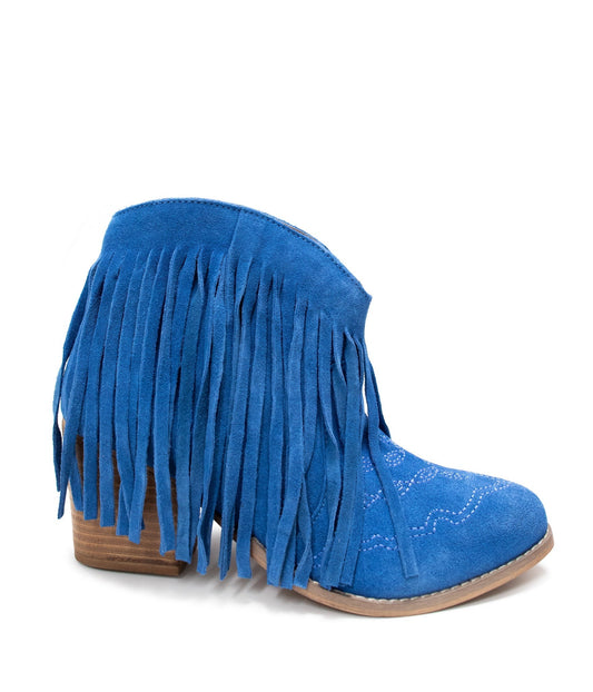 Amos Fringe Ankle Bootie in Blue Suede - Loving God