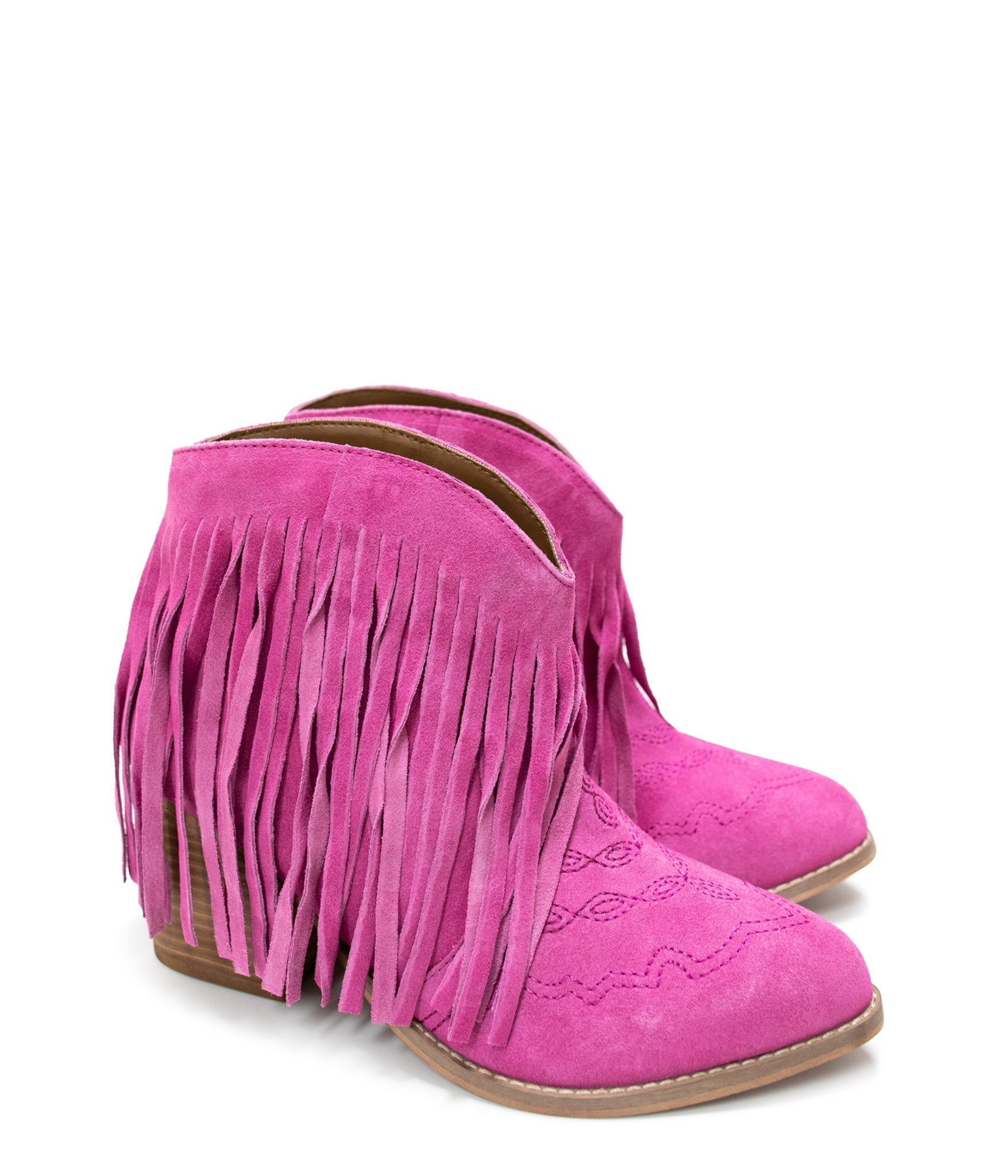 Amos Fringe Ankle Bootie in Magenta Suede - Loving God