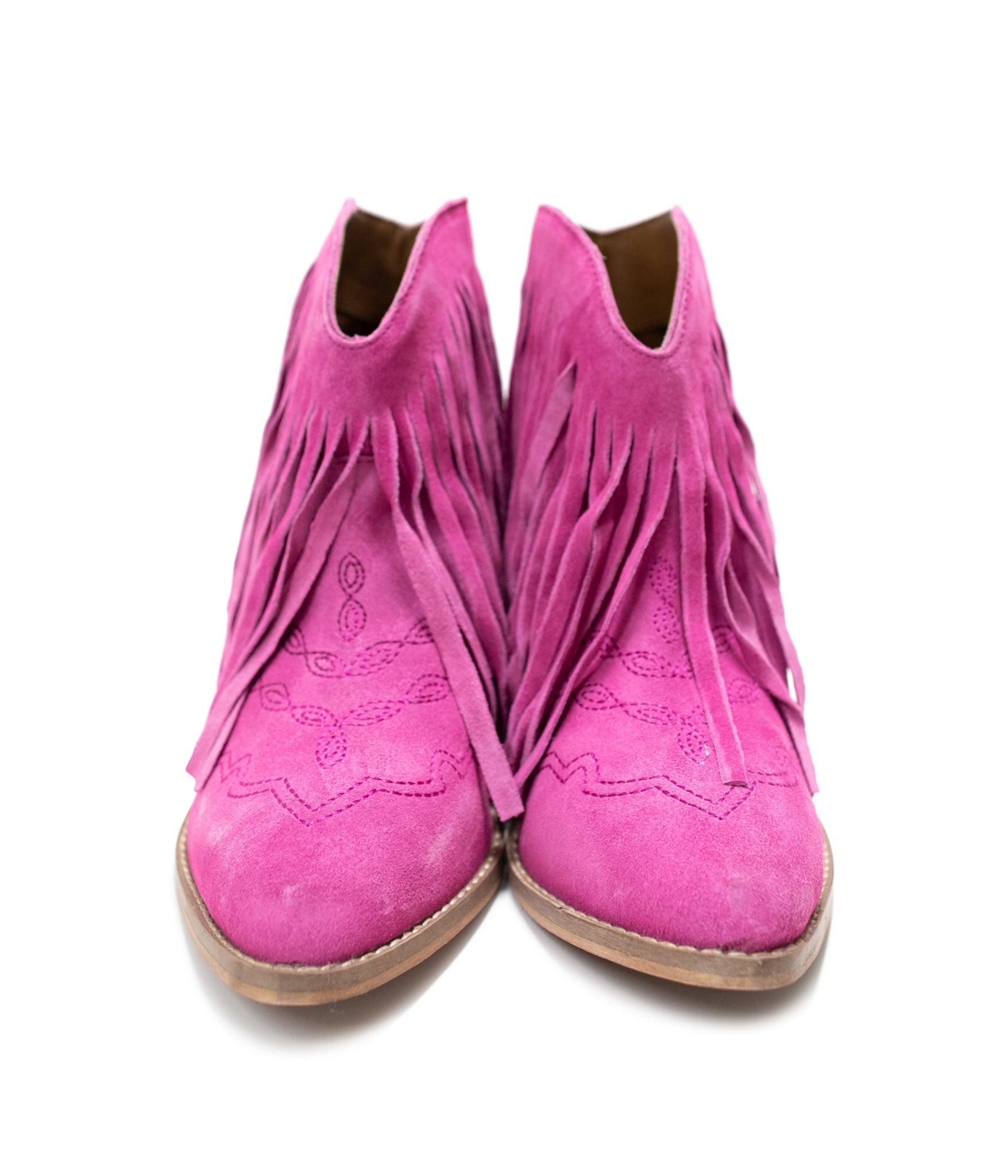 Amos Fringe Ankle Bootie in Magenta Suede - Loving God