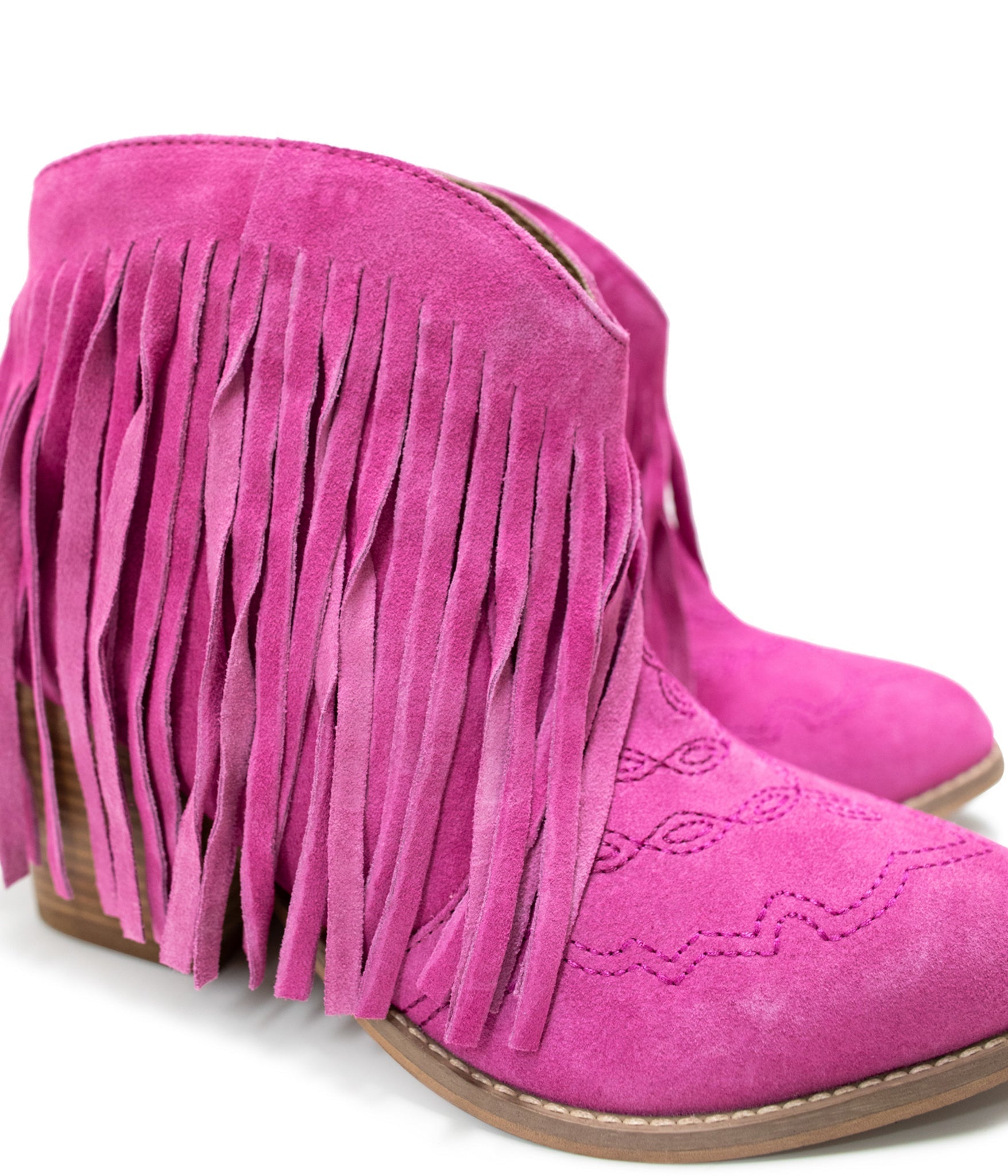 Amos Fringe Ankle Bootie in Magenta Suede - Loving God