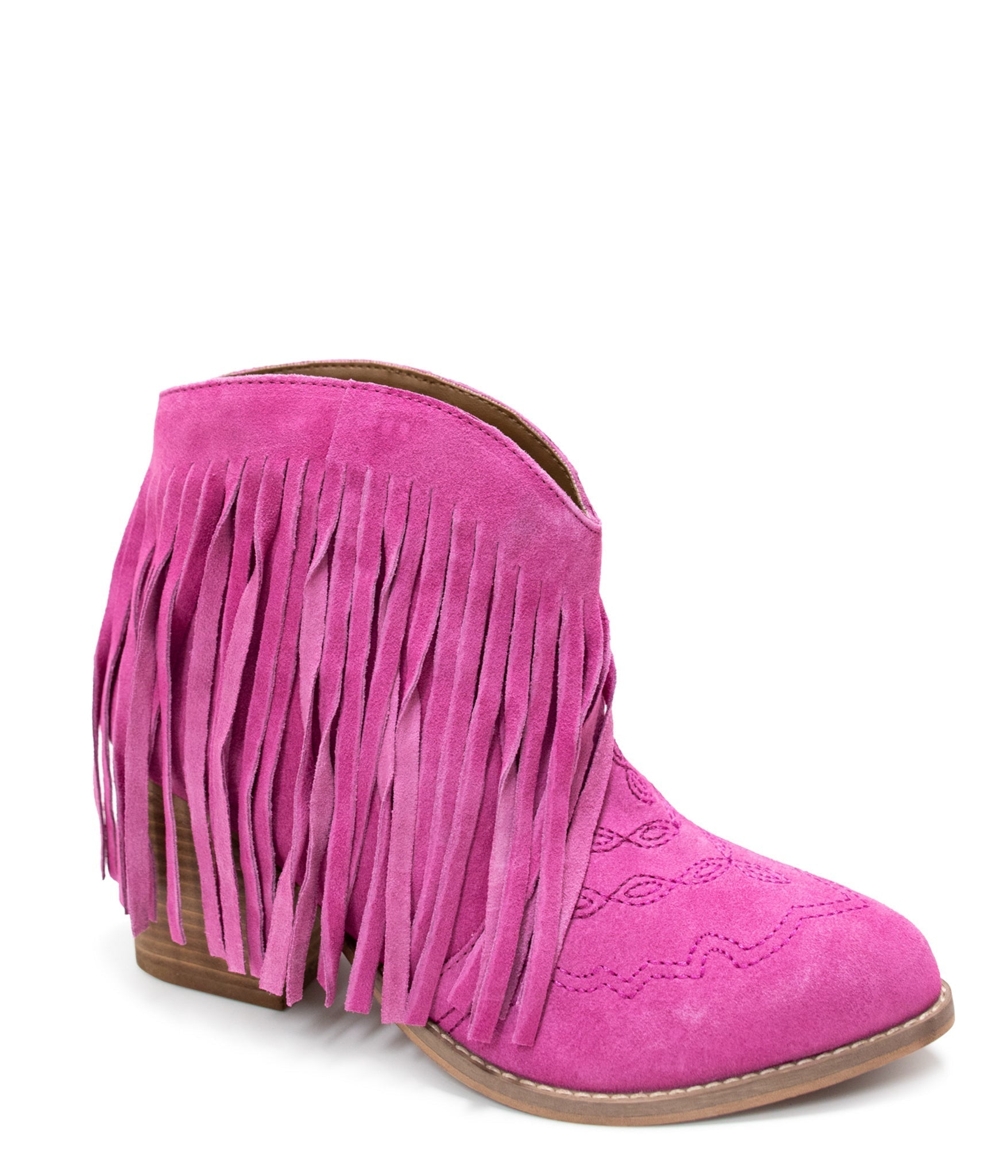 Amos Fringe Ankle Bootie in Magenta Suede - Loving God