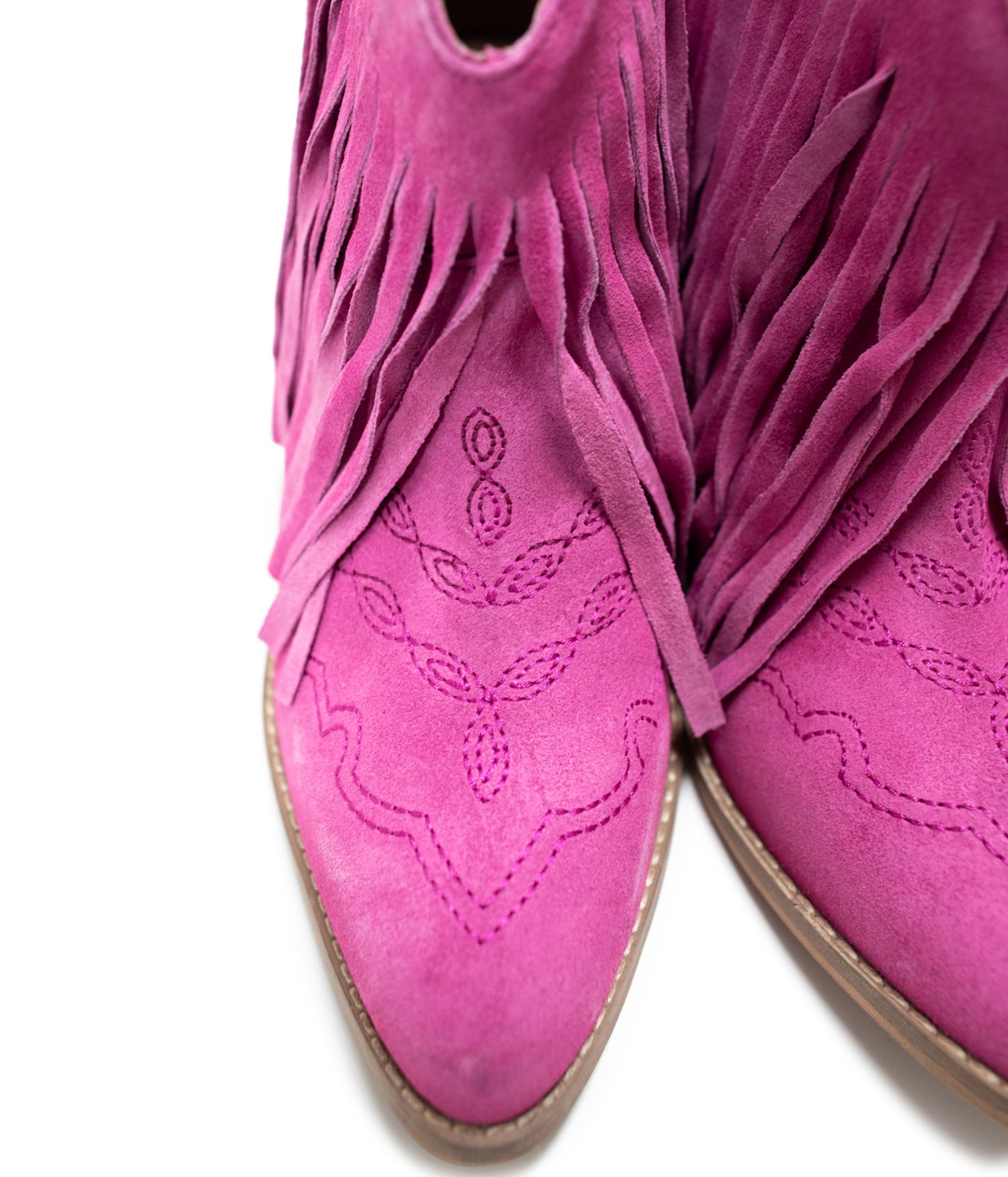 Amos Fringe Ankle Bootie in Magenta Suede - Loving God