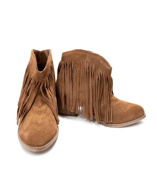 Amos Fringe Ankle Bootie in Tan Suede - Loving God