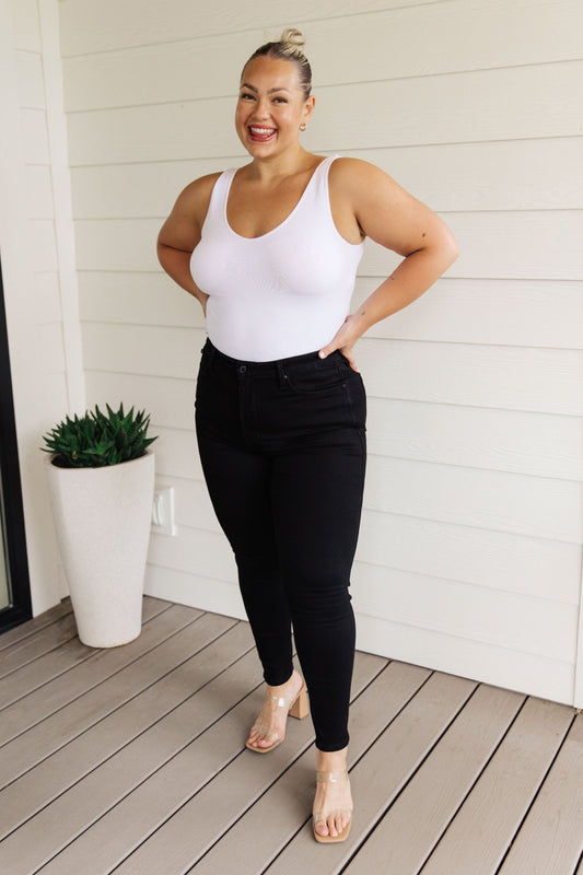 Audrey High Rise Control Top Classic Skinny Jeans in Black - Loving God