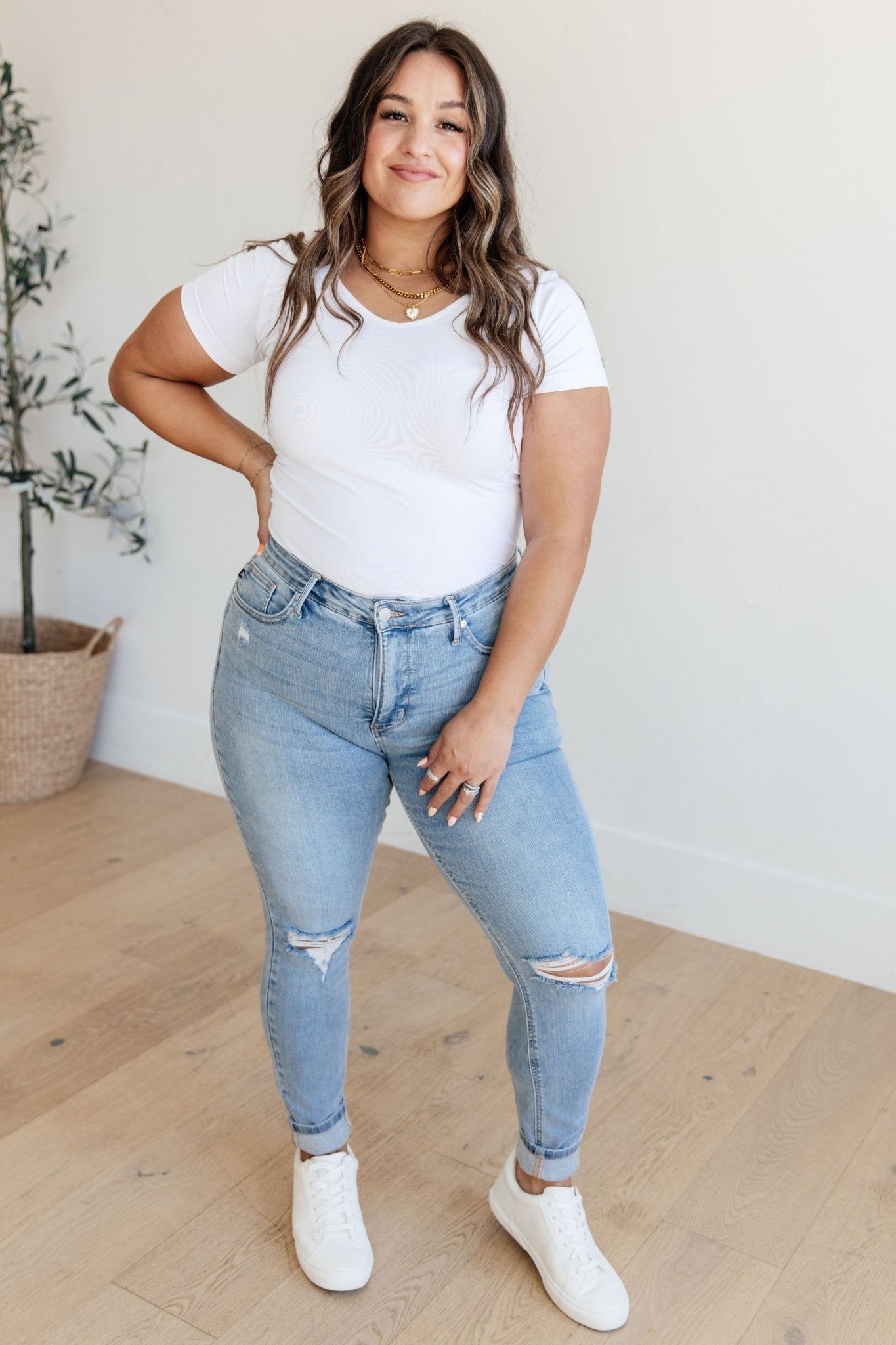 Eloise Mid Rise Control Top Distressed Skinny Jeans - Loving God