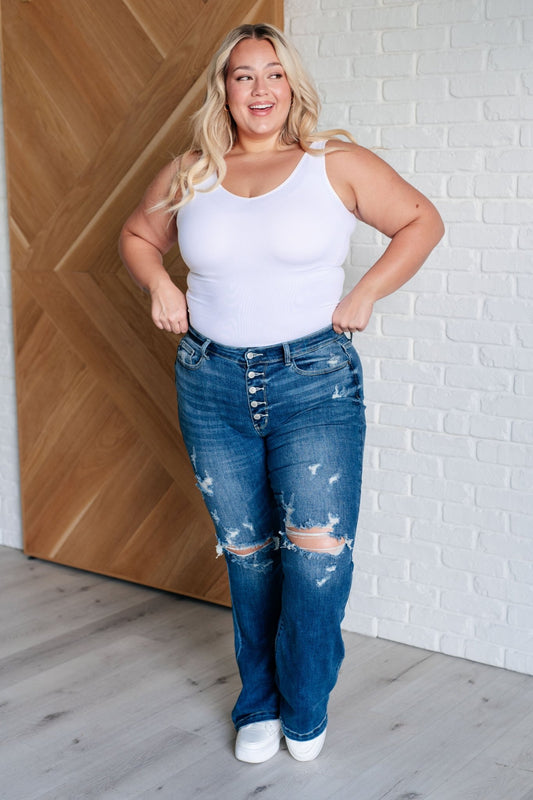Gabriella Mid Rise Distressed Button Fly Flare Jeans - Loving God