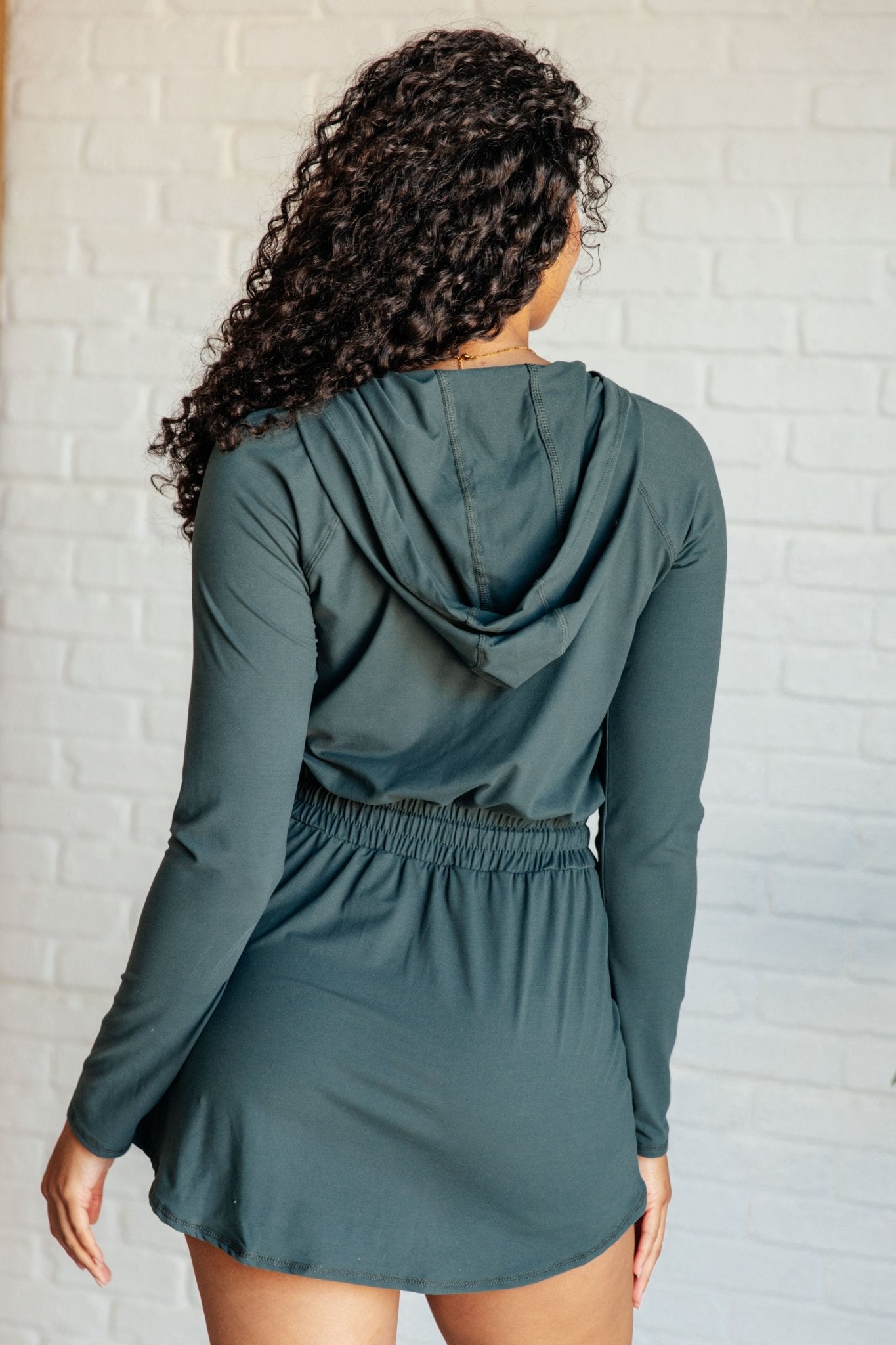 Getting Out Long Sleeve Hoodie Romper in Smoked Spruce - Loving God