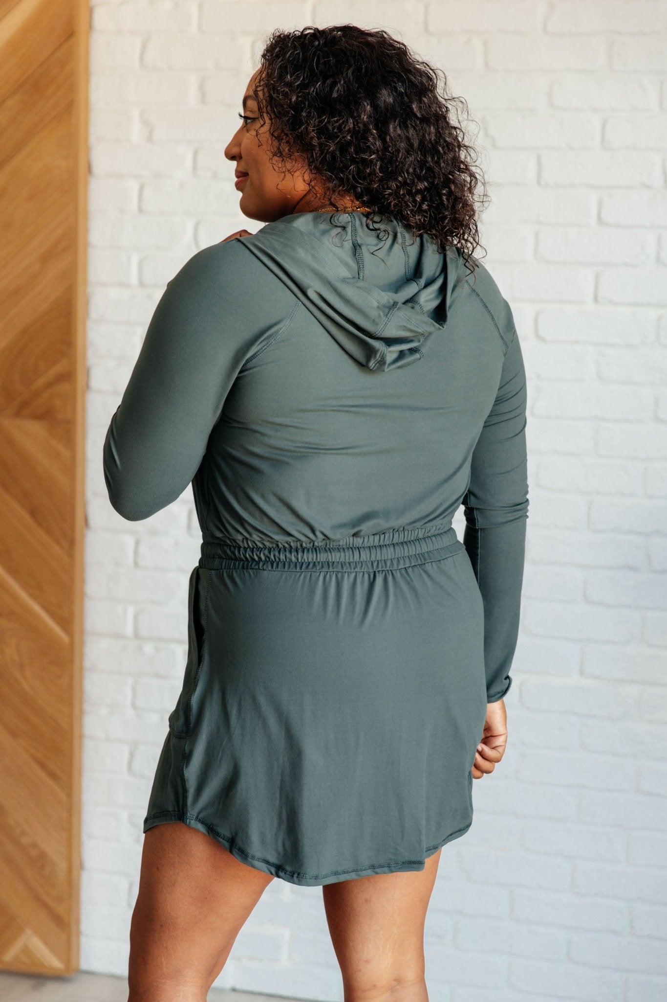 Getting Out Long Sleeve Hoodie Romper in Smoked Spruce - Loving God