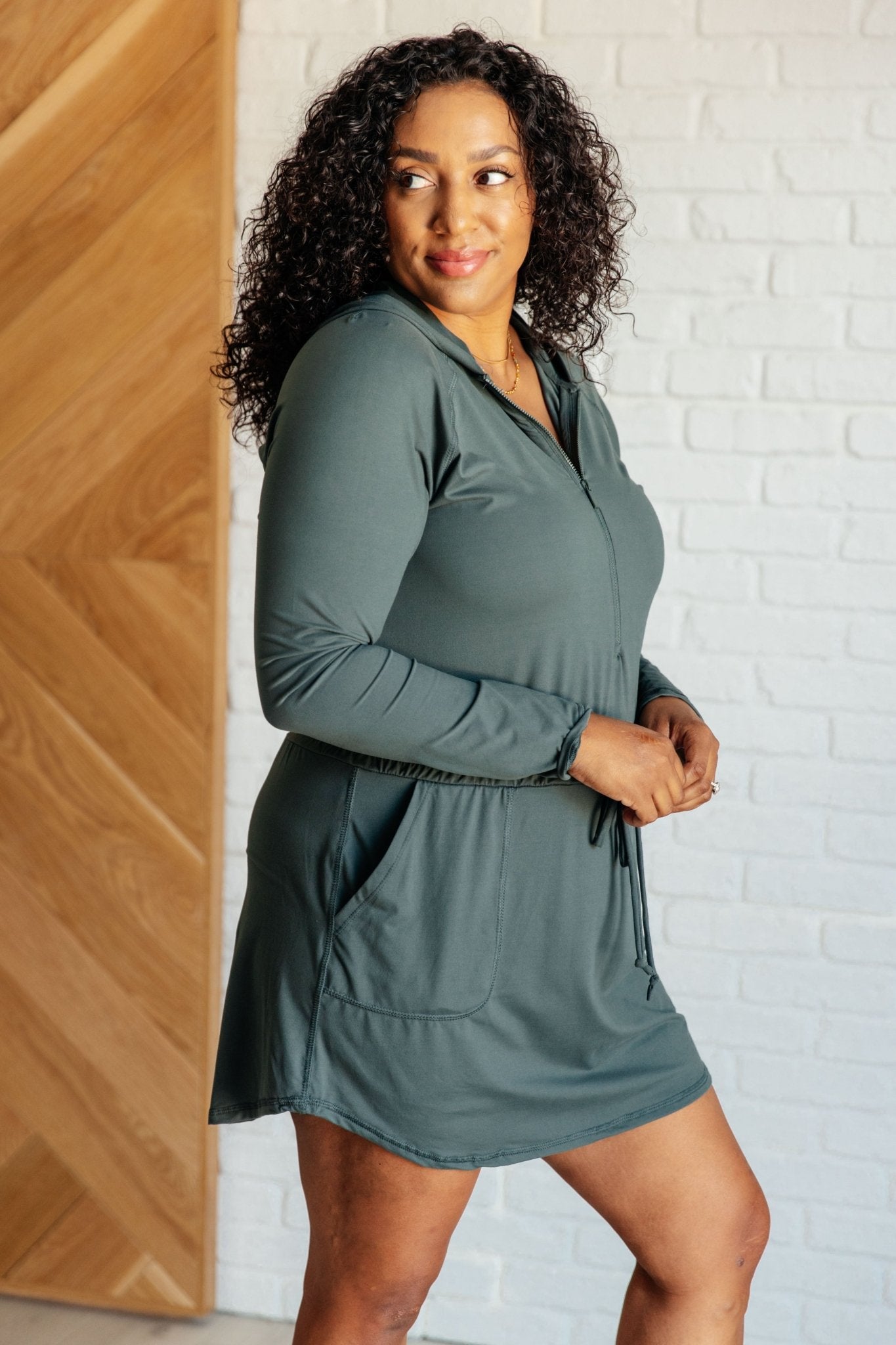 Getting Out Long Sleeve Hoodie Romper in Smoked Spruce - Loving God