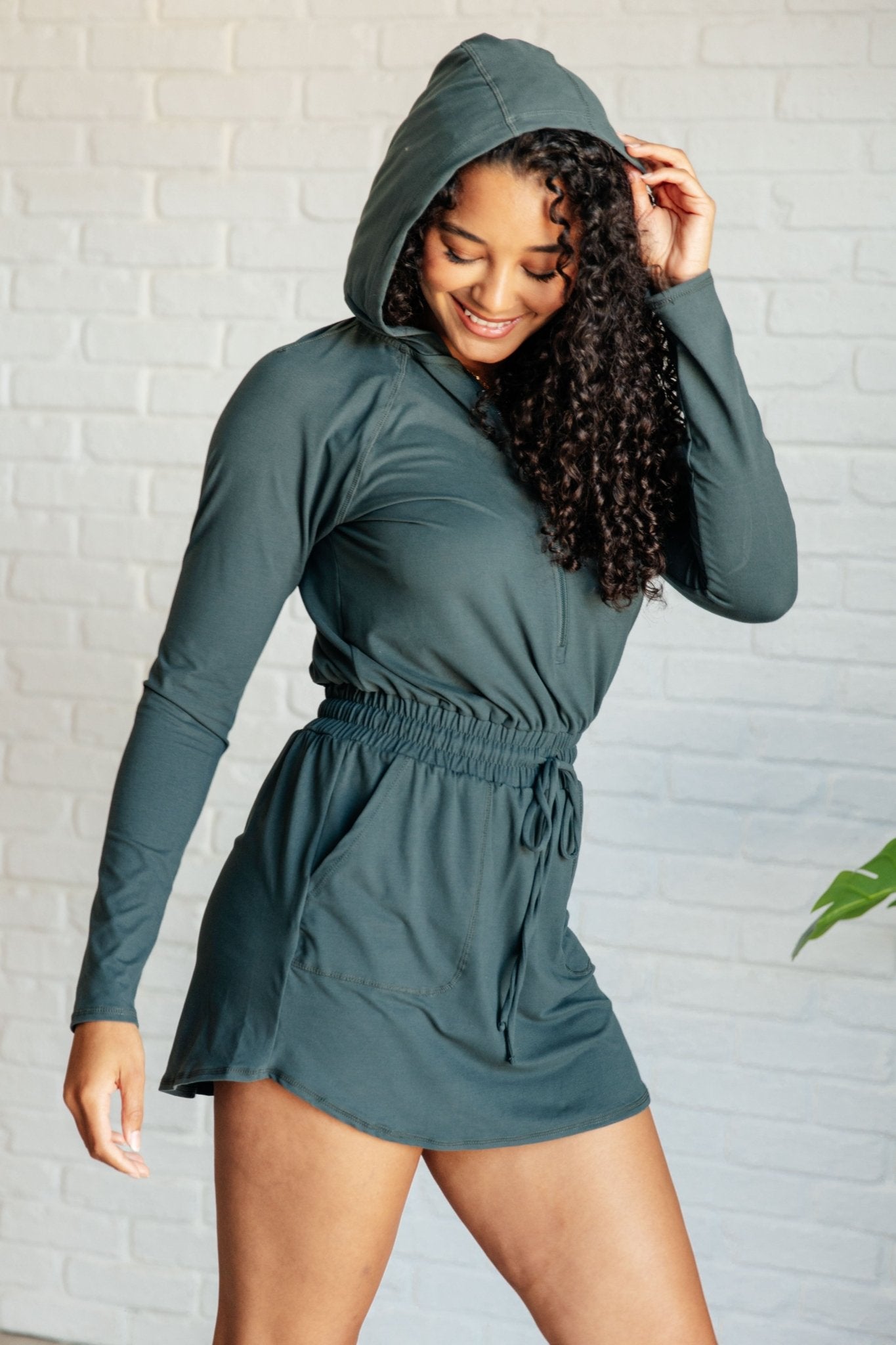 Getting Out Long Sleeve Hoodie Romper in Smoked Spruce - Loving God