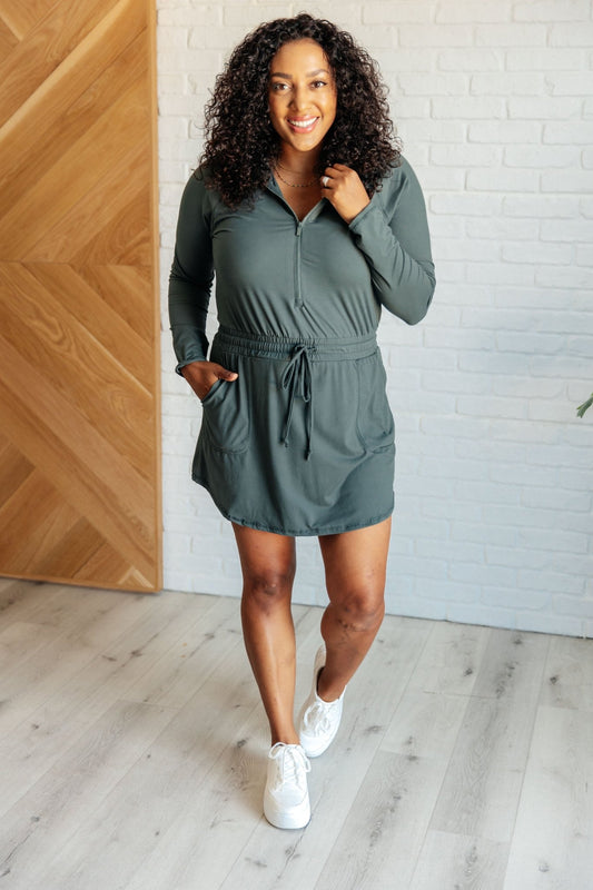 Getting Out Long Sleeve Hoodie Romper in Smoked Spruce - Loving God