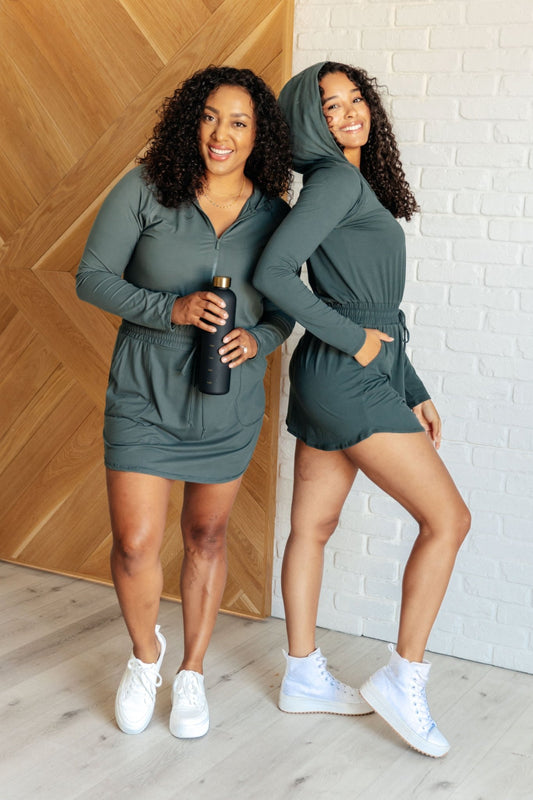 Getting Out Long Sleeve Hoodie Romper in Smoked Spruce - Loving God