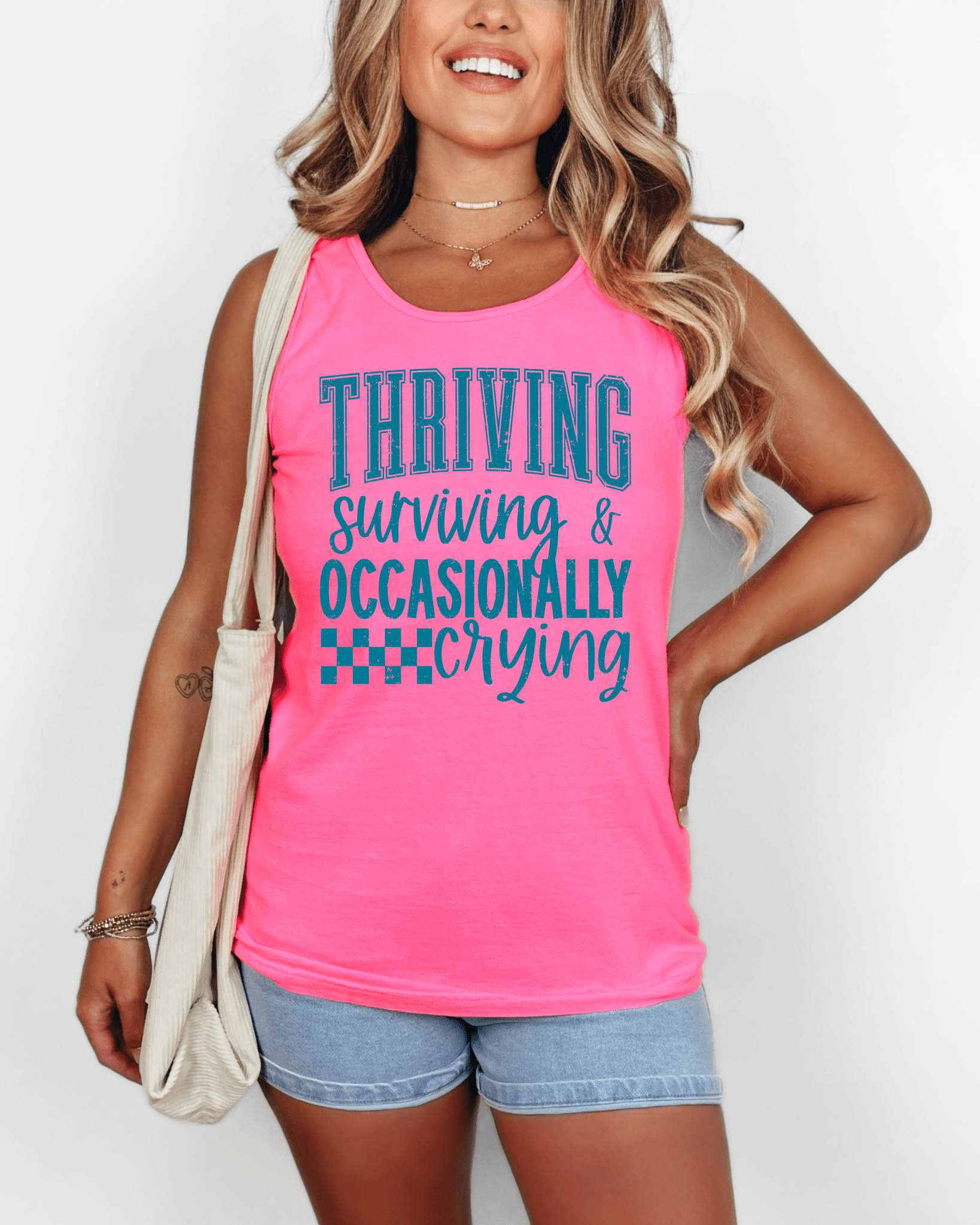 Lateral Gig Thriving, Surviving and Occasionally Crying Print Neon Colors Tshirt Oversized Crewneck Sweatshirt Tank Top Neon Womenswear Tee Trendy Summer Fashion - Loving God