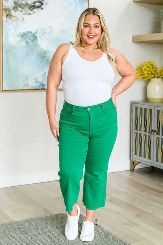 Lisa High Rise Control Top Wide Leg Crop Jeans in Kelly Green - Loving God