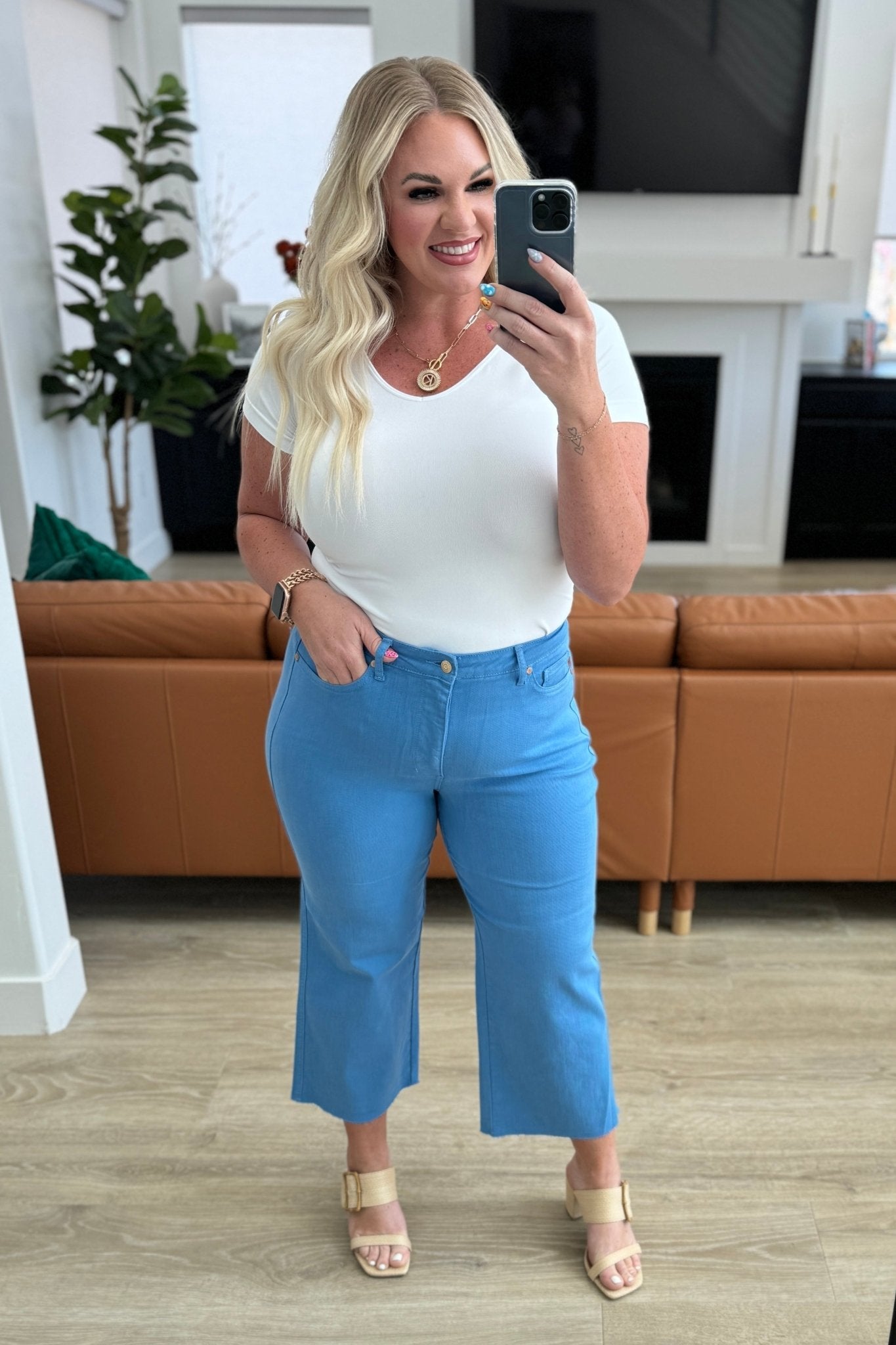 Lisa High Rise Control Top Wide Leg Crop Jeans in Sky Blue - Loving God