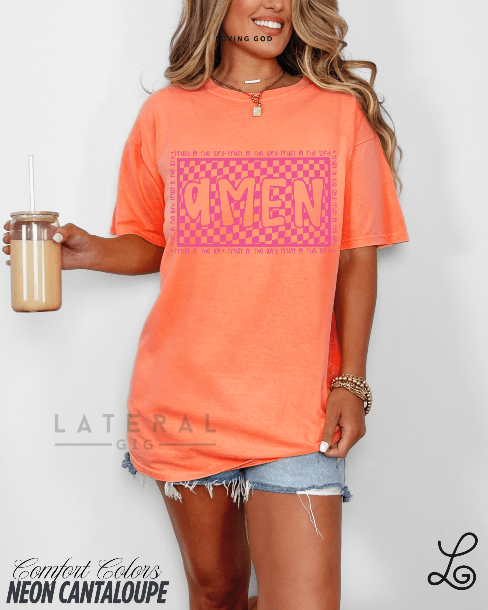 Loving God Amen Checkered Print Neon Colors Gildan Tshirt Oversized Crewneck Sweatshirt Tank Top Neon Womenswear Tee Trendy Summer Fashion - Loving God