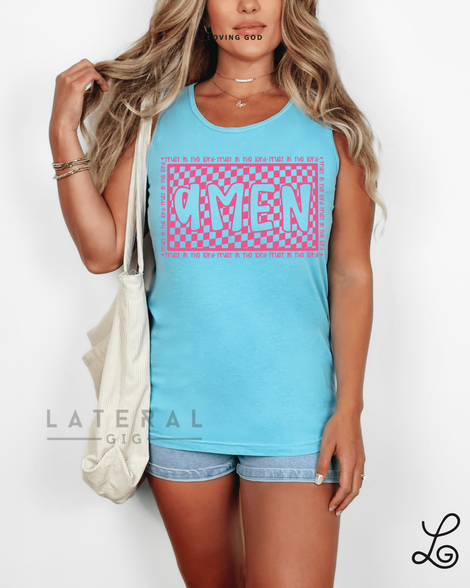 Loving God Amen Checkered Print Neon Colors Gildan Tshirt Oversized Crewneck Sweatshirt Tank Top Neon Womenswear Tee Trendy Summer Fashion - Loving God