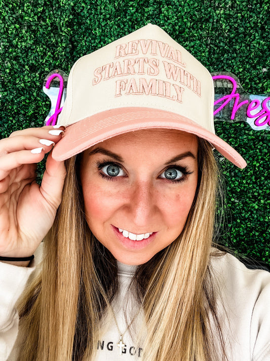 Loving God | Revival Starts with Family Hat Snapback Adjustable Light Pink Puff Embroidered Unisex - Loving God
