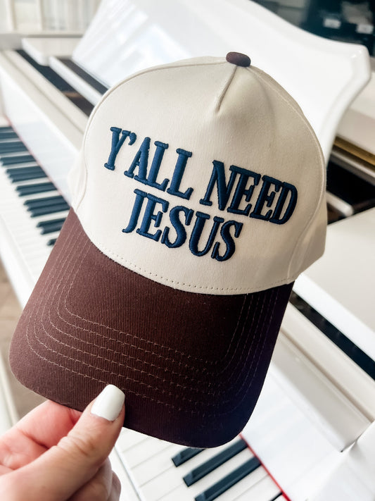 Loving God | Y'all Need Jesus Snapback Adjustable Mocha Puff Embroidered Unisex - Loving God