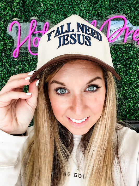 Loving God | Y'all Need Jesus Snapback Adjustable Mocha Puff Embroidered Unisex - Loving God