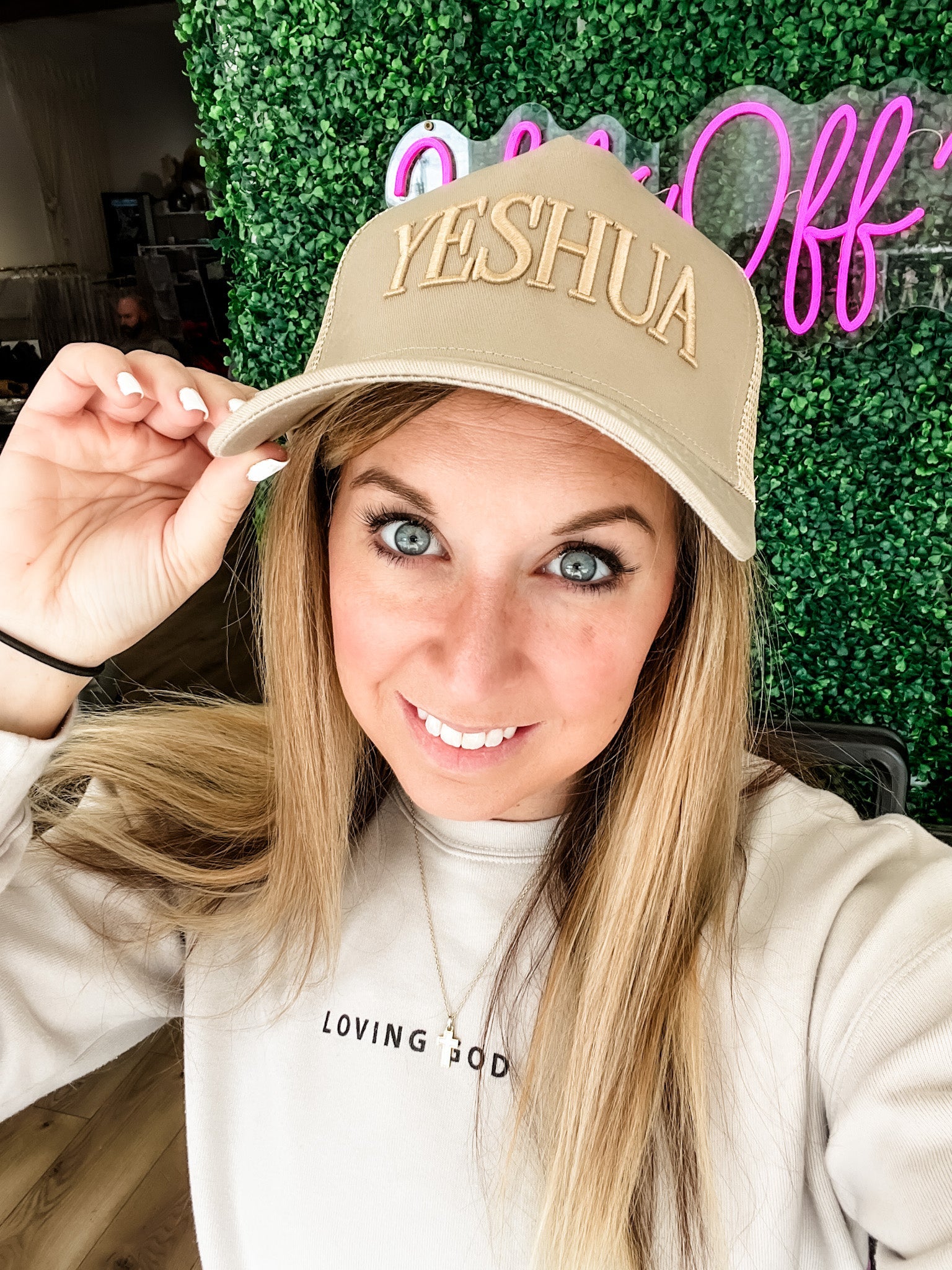 Loving God | Yeshua Hat Snapback Adjustable Tan Puff Embroidered Unisex - Loving God