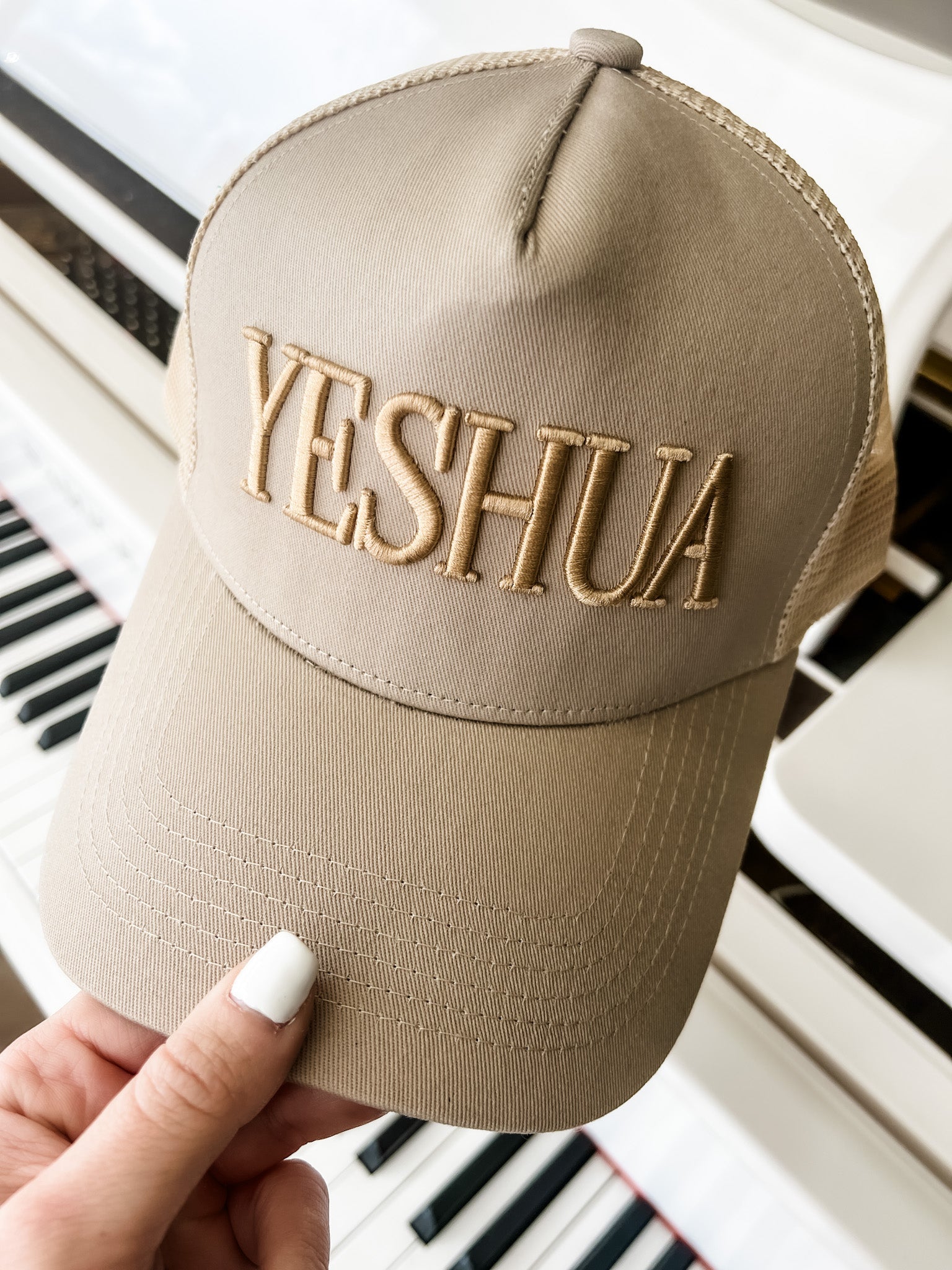 Loving God | Yeshua Hat Snapback Adjustable Tan Puff Embroidered Unisex - Loving God
