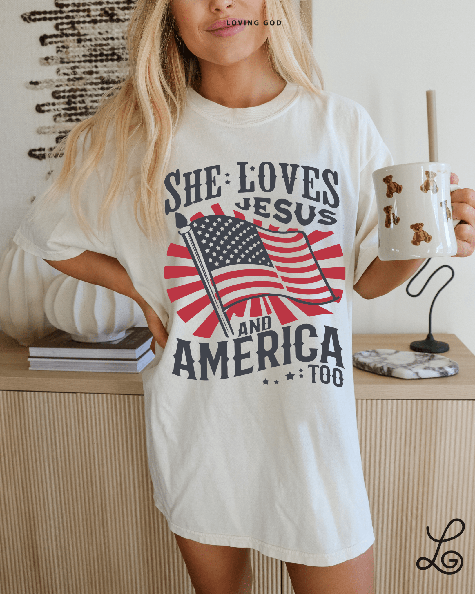She loves Jesus and America Too Graphic Tee Comfort Colors Ivory Tshirt Womenswear Loosefit 4th of July Patriotic Faith - Loving God