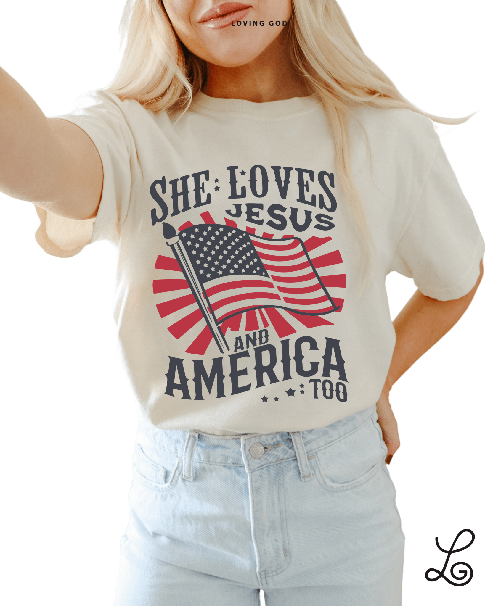 She loves Jesus and America Too Graphic Tee Comfort Colors Ivory Tshirt Womenswear Loosefit 4th of July Patriotic Faith - Loving God