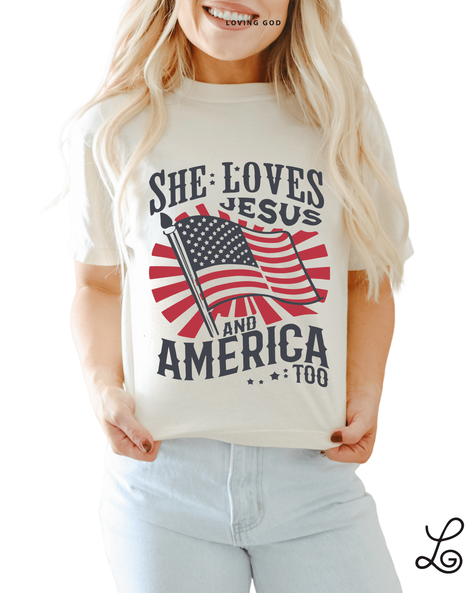 She loves Jesus and America Too Graphic Tee Comfort Colors Ivory Tshirt Womenswear Loosefit 4th of July Patriotic Faith - Loving God