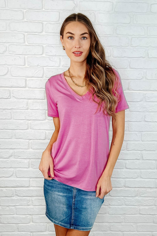 The Every Outfit Basic V - Neck Top in Candy Pink - Loving God