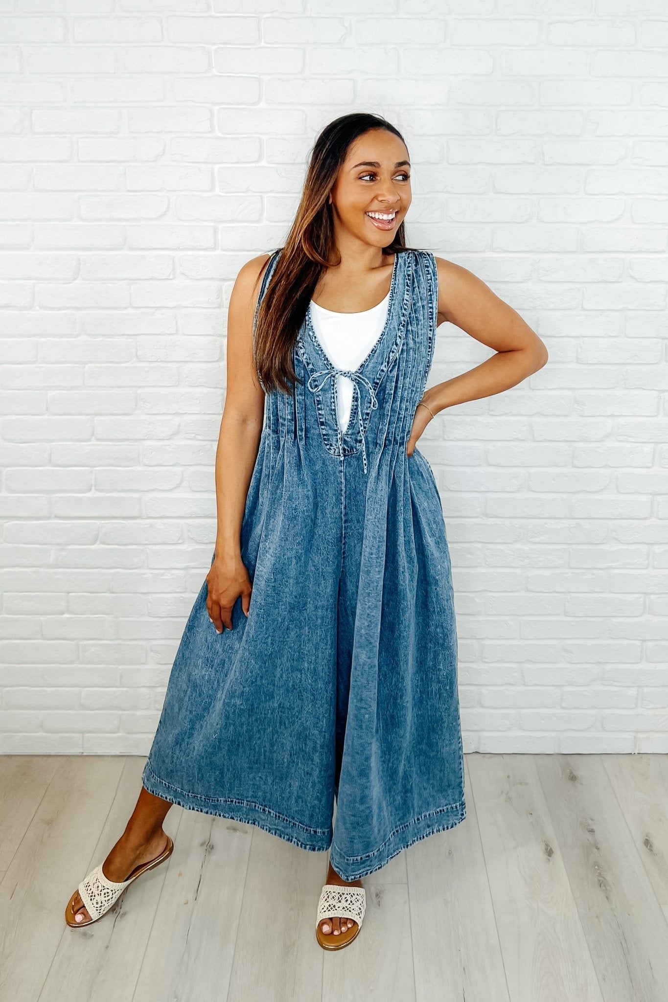Too Cool For Fools Wide Leg Jumpsuit in Denim - Loving God